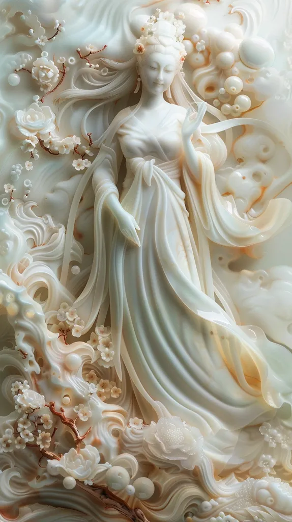 A delicate and intricate white jade sculpture of a woman with flowing hair and robes. The sculpture is adorned with intricate carvings of flowers and waves, creating a sense of motion and grace. The use of white jade creates a sense of purity and serenity, making the sculpture a beautiful and calming piece of art.