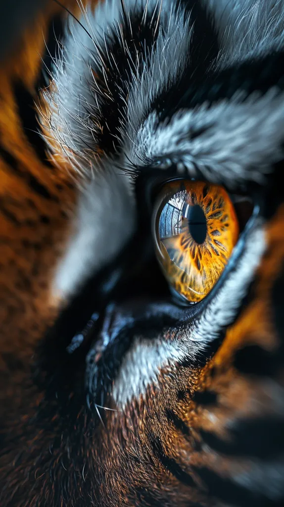 A close-up shot of a tiger's eye, with the reflection of the world around it visible within the pupil. The orange and black stripes of the tiger's fur are blurred in the background, adding depth and texture to the image. The image is both captivating and a little unsettling, conveying the raw power and intensity of a wild animal.