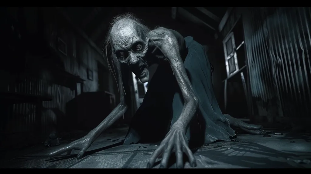 The image depicts a gaunt, skeletal figure with long, thin limbs and a grotesque, distorted face. It appears to be crawling on the floor of a dark, abandoned building. The figure's eyes are wide and vacant, its mouth is open in a silent scream, and its skin is pale and wrinkled. The image evokes feelings of fear and unease, suggesting the presence of something sinister and supernatural.  The dark and shadowy environment adds to the sense of dread.  The image is highly stylized and appears to be from a horror movie or game.