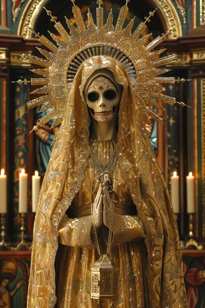 A figure dressed in a gold gown and a skull mask stands in a church. The figure has its hands clasped in prayer, and wears a large golden halo above its head. The figure stands in front of a wooden altar with lit candles. The scene is reminiscent of the Day of the Dead traditions in Mexico.