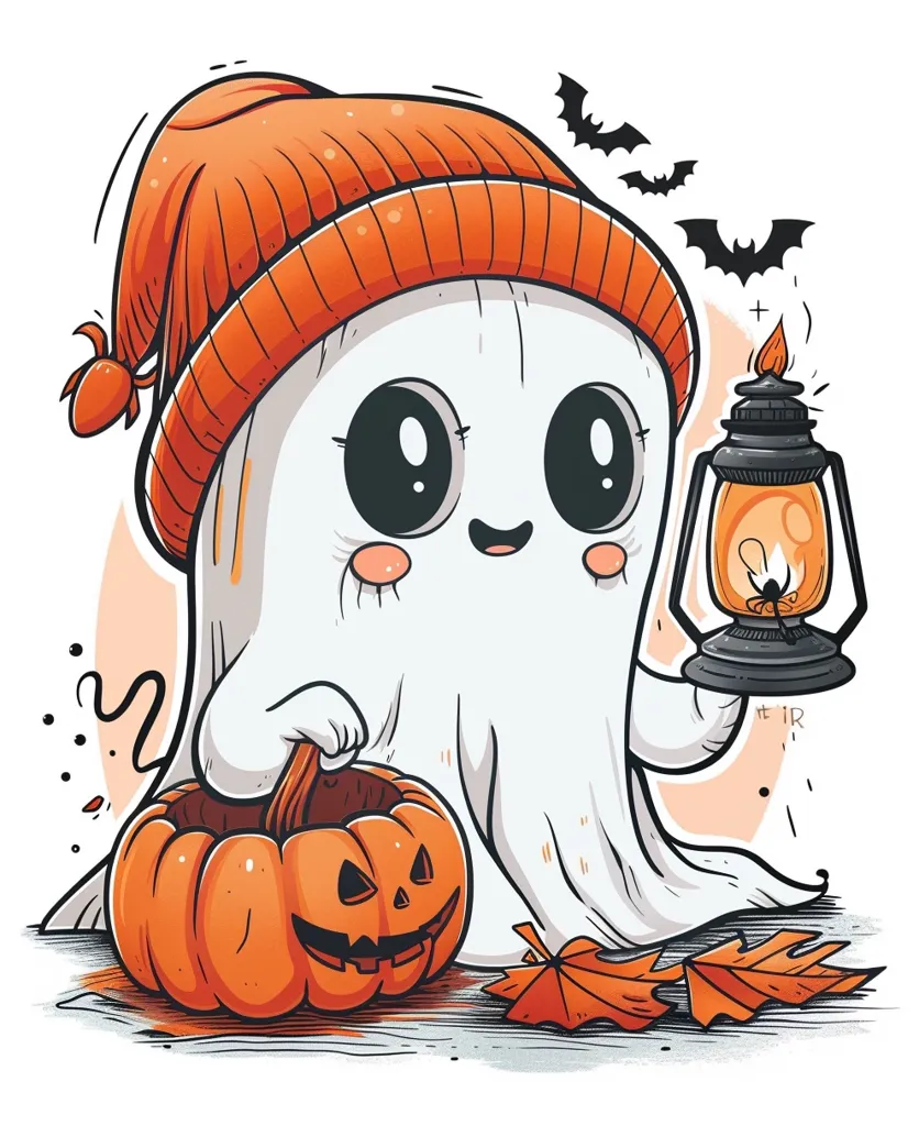 A cute cartoon ghost wearing an orange beanie and holding a lantern is standing next to a carved pumpkin. Bats are flying in the background. The ghost has large eyes and a cheerful expression. Fall leaves are scattered on the ground. The image is whimsical and playful, perfect for Halloween.