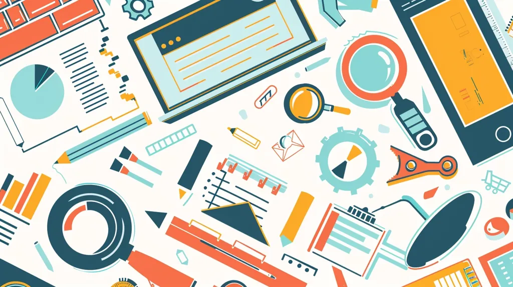 The image is a colorful abstract illustration with a white background. It features various shapes and objects, such as pie charts, rulers, gears, magnifying glasses, and a laptop.  The colors are vibrant and playful, creating a dynamic and energetic composition. The illustration could represent data analysis, business strategy, or the power of technology.