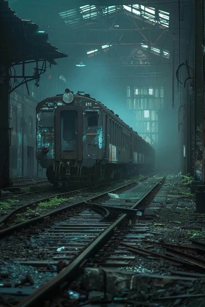 A train sits on the tracks inside a dilapidated train station. The atmosphere is gloomy and shrouded in a blueish fog. The station's structure is visible through the haze, with its rusted metal beams and broken windows. The train is aged and worn, with its paint faded and chipped. The track leads into the distance, disappearing into the fog, making for a sense of mystery and isolation.