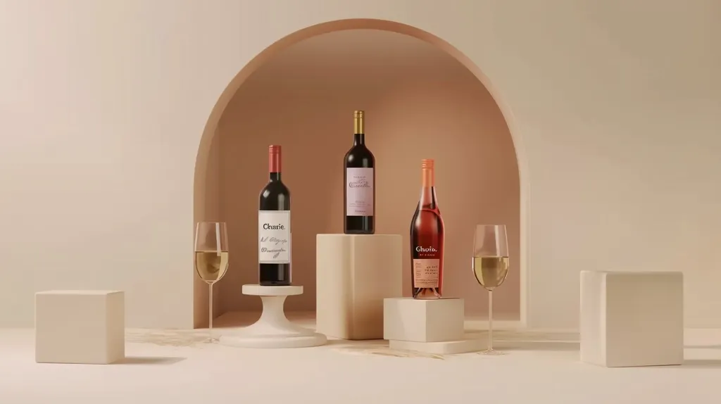 Three bottles of wine, two red and one rosé, sit on a set of white podiums. The bottles are all labelled with the name "Charlie." Two empty wine glasses stand on either side of the display. The backdrop is a light beige wall with a large arched opening, creating a minimalist and elegant setting.