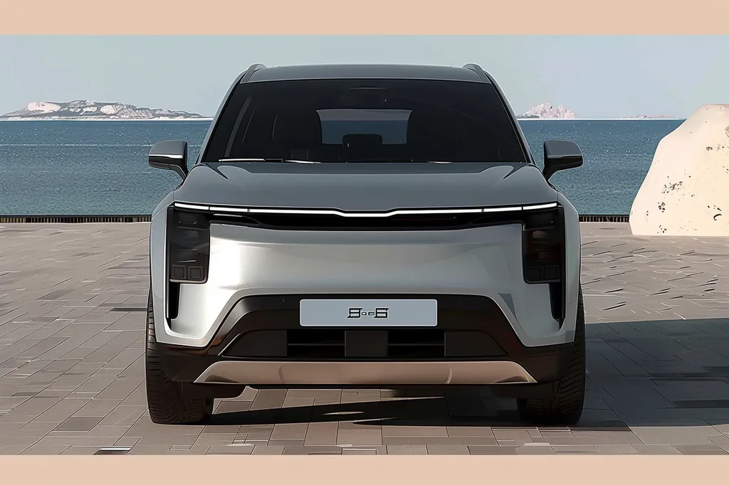 A silver SUV is parked on a paved surface overlooking a body of water. The car is facing the camera, showcasing its front grille and headlights. The background features a blue sea, a rocky island, and a white rock. The car's sleek design and the serene landscape create a sense of modern elegance and tranquility. The image has a minimalist style, focusing on the car and its environment.
