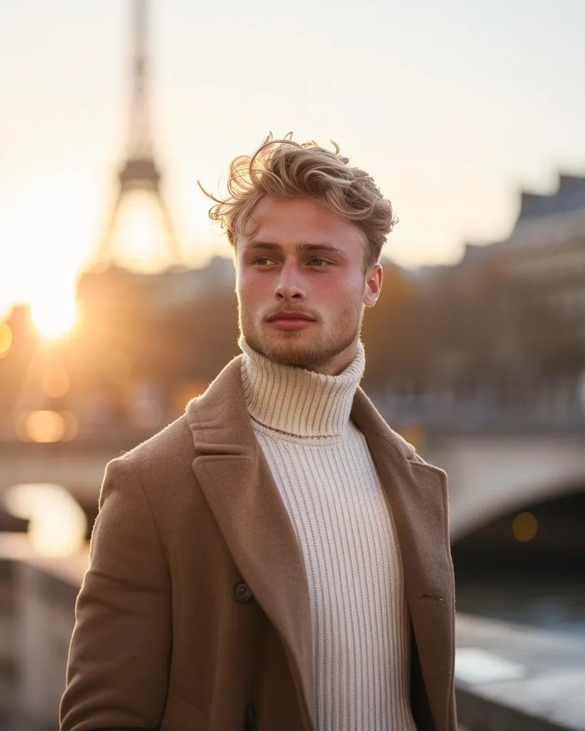 A young man with blonde hair and a light beard stands in front of a blurred background of a city scene, possibly Paris, with the Eiffel Tower visible in the distance. He is wearing a brown coat over a white turtleneck sweater. The golden hour light casts a warm glow on him. He looks to his left with a contemplative expression.