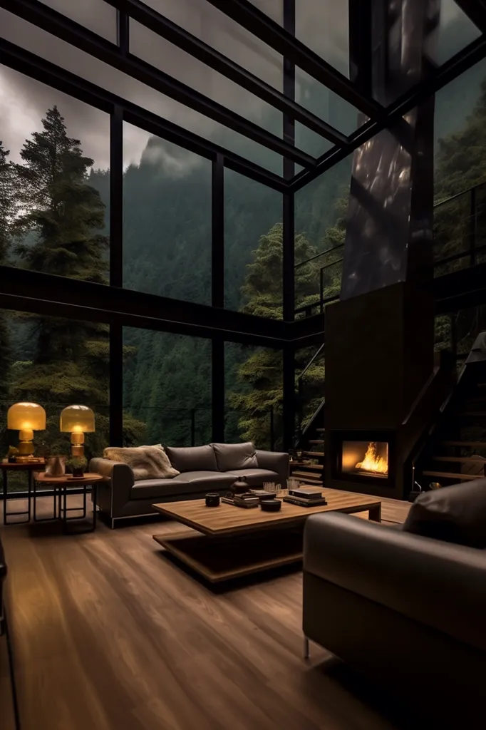 A modern, minimalist living room with large windows overlooking a lush forest. The room is dominated by a sleek, dark gray sofa, a coffee table, and a fireplace with a roaring fire. The wood floor adds warmth to the space. The image captures a sense of tranquility and connection to nature.