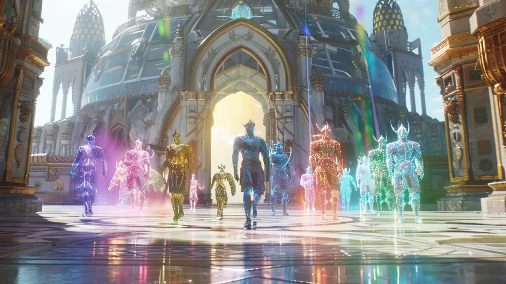 A group of figures, glowing with iridescent light, walk towards a large, ornate archway in a grand palace. The figures are made up of shimmering particles, and their forms are barely visible against the bright light behind them. The palace is a mix of classic and futuristic architecture, with ornate details and gleaming surfaces. The overall effect is one of awe and wonder, suggesting a powerful and mystical place.