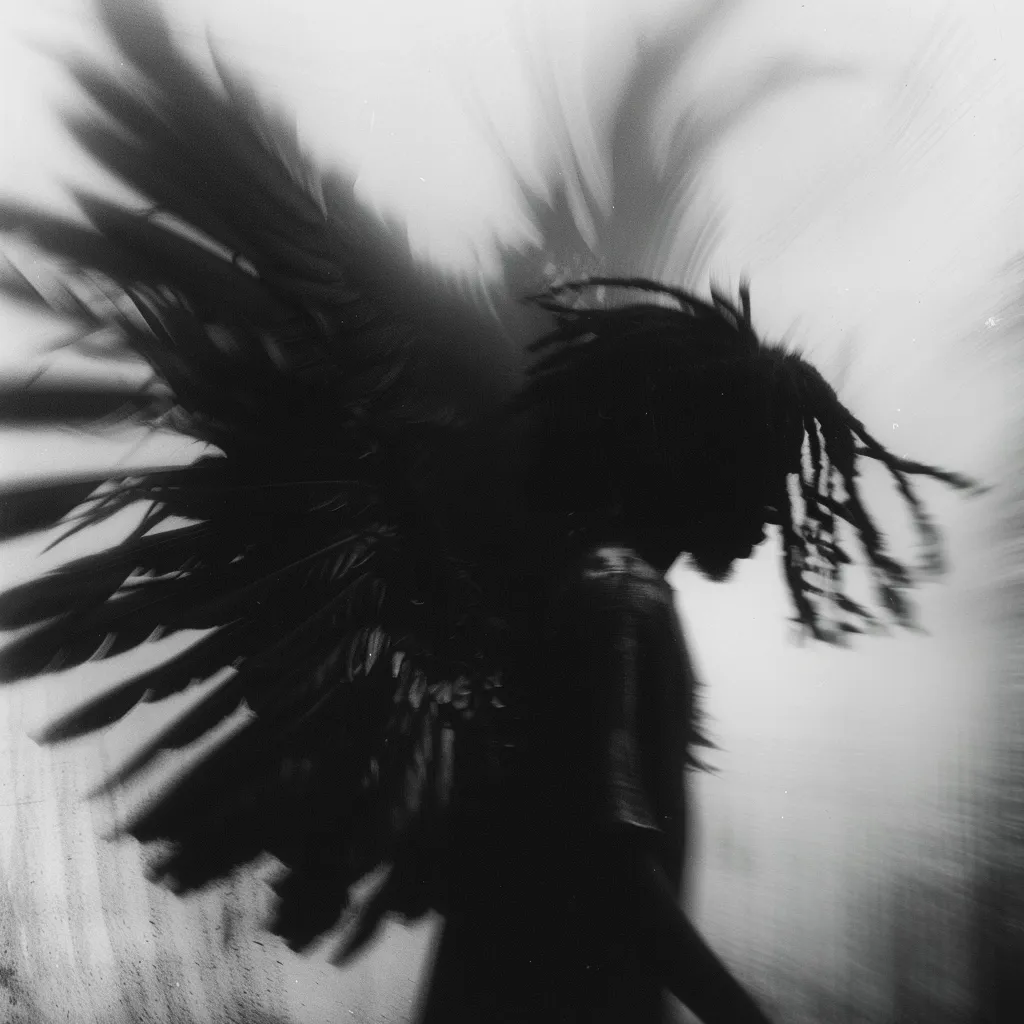 The image shows a blurry, black-and-white silhouette of a person with long, flowing hair. Their body is obscured, but they appear to be wearing large, feathery wings. The figure is captured in motion, creating a sense of speed and drama. The background is a hazy blur, enhancing the feeling of ethereal mystery. The overall effect is dark, moody, and slightly ominous.