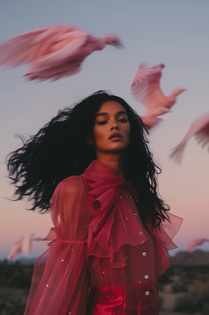 A young woman with long dark hair and a sultry expression stands in front of a soft, pink sunset.  She is wearing a bright red sheer blouse with a ruffled neckline and matching red pants.  Pink birds fly overhead, blurring past her in a delicate, dreamlike way.  The scene is both ethereal and sensual.