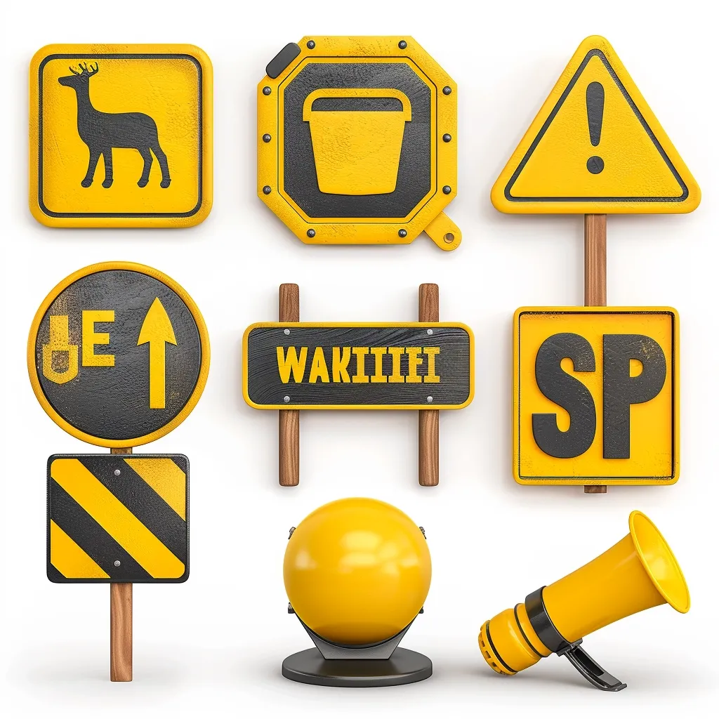 The image features a collection of nine yellow and black signs with various symbols and text.  They include a deer warning sign, a bucket symbol, a warning triangle, a sign with an arrow pointing upwards, a sign that says "WAKIIIIEF," a sign with "SP" in black letters, a yellow and black striped sign, a yellow sphere on a black stand, and a yellow megaphone. The signs have a 3D cartoon style and are arranged in a haphazard manner on a white background.