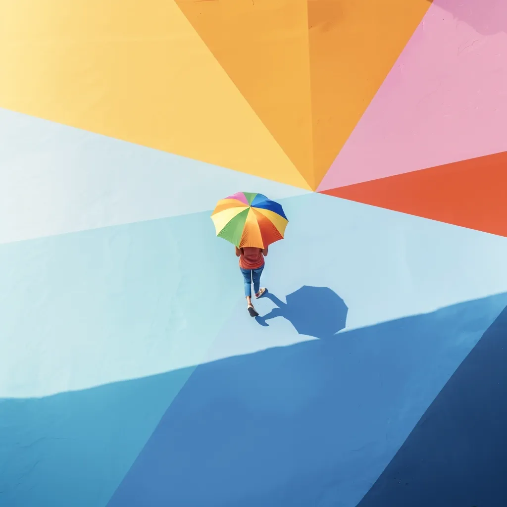 A person walks across a brightly colored geometric surface, holding a rainbow umbrella. The colors of the surface are yellow, pink, orange, blue and dark blue. The person wears blue jeans and a red shirt and walks away from the camera. The image is taken from a bird's eye view.  The person's shadow is cast behind them, further accentuating the bright colors of the background.