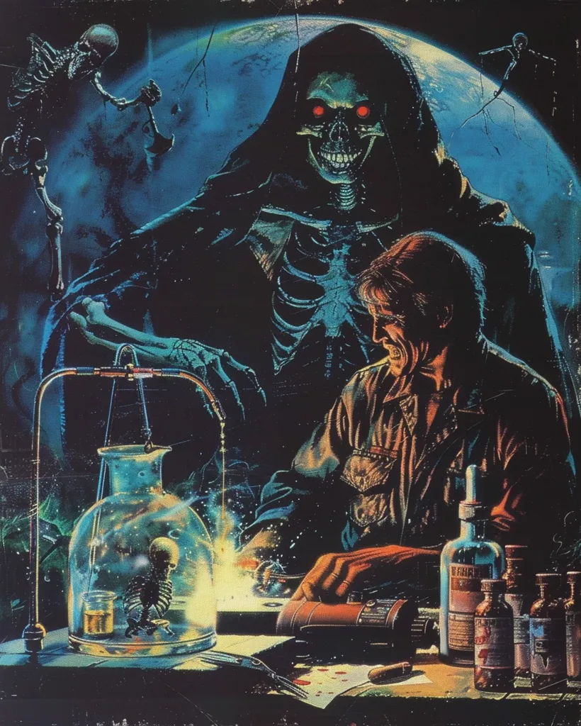 The image depicts a skeletal figure in a hooded robe, with glowing red eyes, looming over a man hunched over a table.  The man is working on some kind of device, with a glass jar containing a small, skeletal figure.  There are also various bottles and vials on the table.  In the background, a planet with rings is visible, as well as a skeleton perched on a branch. The scene is dark and ominous, suggesting a supernatural or macabre event.