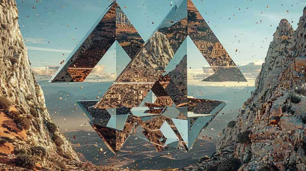 A large, geometric structure composed of mirrored triangles floats against a backdrop of rocky cliffs. The triangles reflect the surrounding landscape, creating a kaleidoscopic effect. Small particles, like confetti, are dispersed throughout the scene, adding a sense of motion and ethereal beauty. The overall image is both abstract and grounded, inviting viewers to contemplate the interplay of geometry, nature, and reflection.