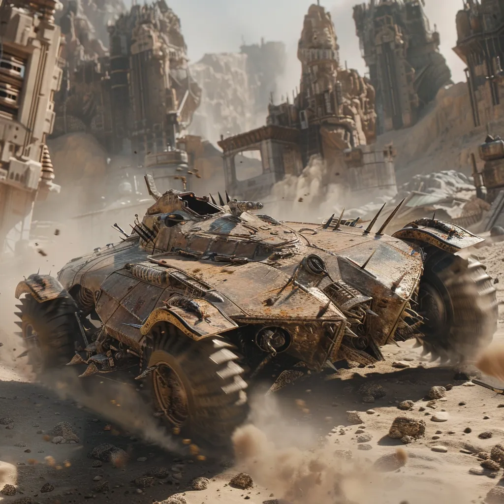 A heavily armored, rusted vehicle with spiked armor, drives through a dusty, barren wasteland. The vehicle has large, rugged wheels and is surrounded by dust and debris. In the background, crumbling, dilapidated buildings stand as remnants of a lost civilization.  The image evokes a sense of post-apocalyptic desolation.