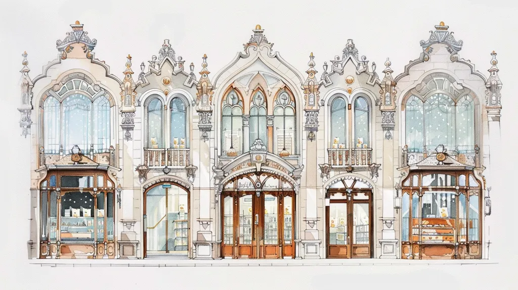 The image depicts a watercolor illustration of a grand, ornate building with five storefronts. Each storefront features arched windows with intricate details and a decorative cornice above. The central storefront has a large double door with glass panels, while the others have single doors and display windows. The building is rendered in a soft palette of browns, grays, and blues, creating a sense of elegance and charm.