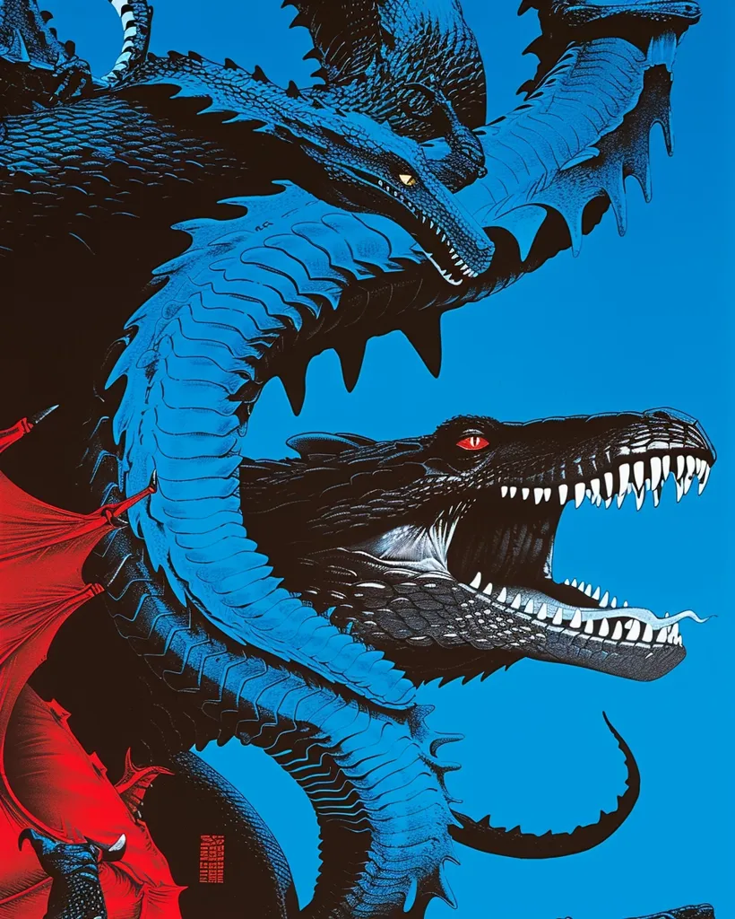 The image depicts two dragons in a fierce battle. One dragon is black with red eyes, its mouth open in a roar. The other dragon is blue with a black head, its head bent back, its mouth also open in a roar. The two dragons are intertwined, locked in combat. The background is a bright blue. The image is dynamic and filled with tension.