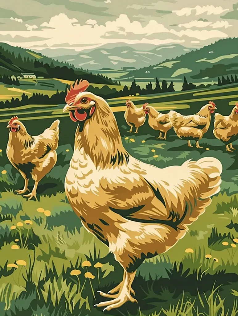 A large, brown rooster stands proudly in a lush green field, looking directly at the viewer. Four other chickens, two females and two roosters, stand in the background, all facing away from the viewer. The scene is idyllic, with rolling green hills and a small village in the distance.  The sky is a soft blue with fluffy white clouds.