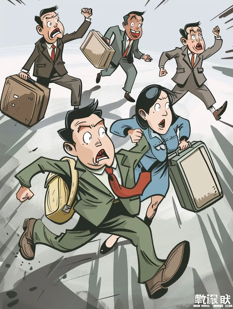 A group of four people are running away from something, carrying briefcases and a backpack.  They appear to be in a state of panic, as their expressions are exaggerated. The scene is depicted in a cartoonish style, with exaggerated features and dynamic poses. The background is a simple grey with diagonal lines suggesting motion. The word "驚慌" in the bottom corner means "panic" or "alarm" in Chinese.