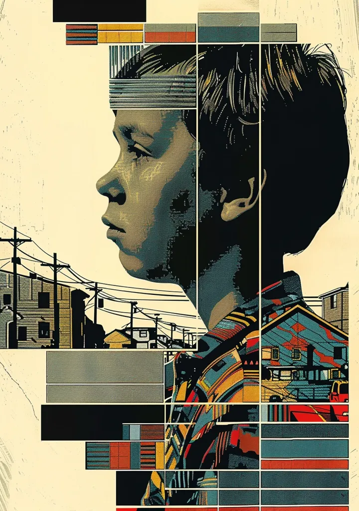 A close-up portrait of a young boy in profile, his face partially obscured by geometric shapes. The boy is wearing a colorful patterned shirt and his hair is dark. In the background, a row of houses with power lines running overhead. The image is created in a retro style with bold lines and color blocking.  It suggests a sense of urban life and youth.