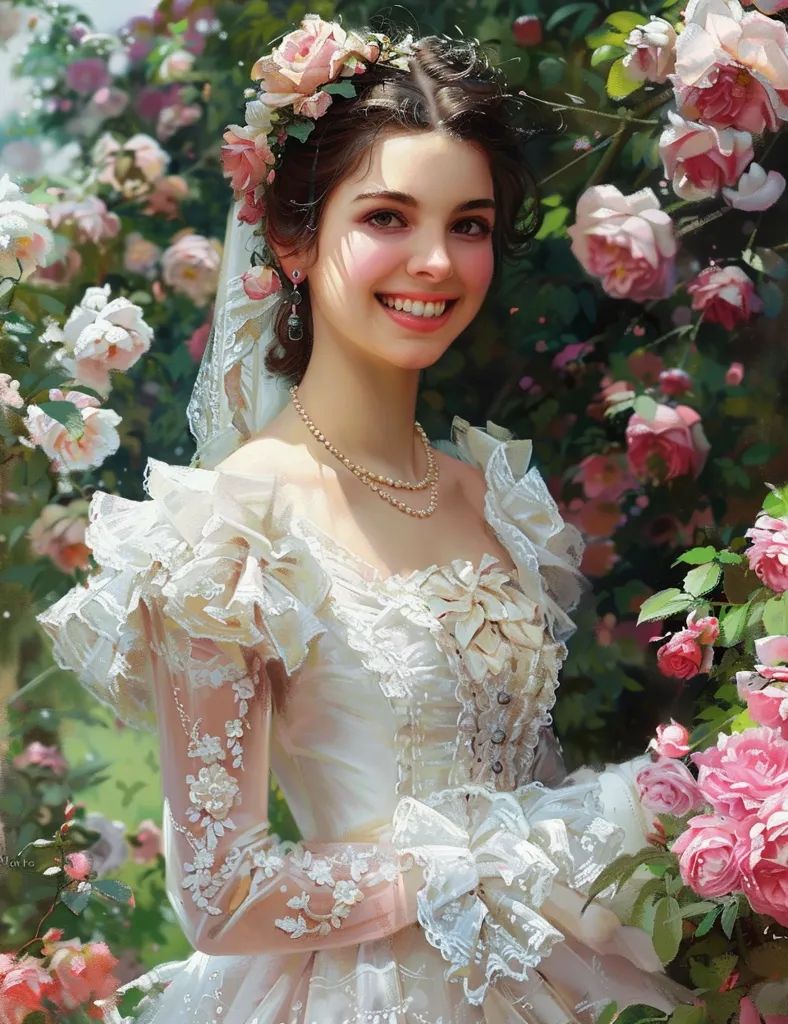A young woman in a white lace dress with a floral crown stands amidst a lush garden of pink roses. She smiles brightly, radiating joy and innocence. The delicate lace of her dress and the soft petals of the roses create a romantic and ethereal atmosphere. Sunlight filters through the leaves, casting a warm glow on the scene. The woman's beauty is enhanced by the natural backdrop, creating a harmonious and captivating image.