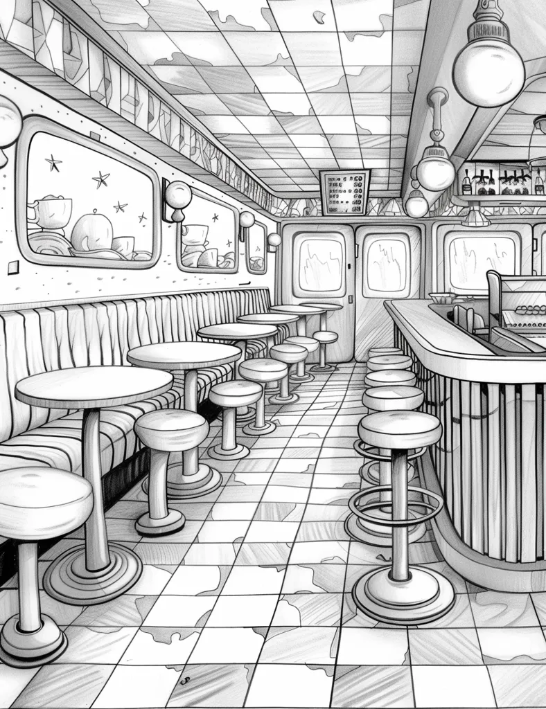 A black and white illustration of a diner interior. The diner has a long counter with stools and a row of booths with tables and chairs. The floor is checkered with black and white tiles. The windows have a view of the outside world, and there are stars on the ceiling. There is a menu board on the wall, and a bar with bottles behind it. The scene is drawn in a detailed and realistic style, with a focus on the light and shadows.