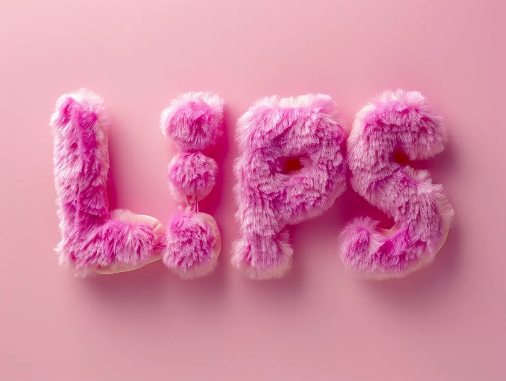 The word "lips" is spelled out in large, fluffy, pink letters against a pink background. Each letter is made of soft, plush material, giving the image a playful and whimsical feel. The letters are slightly uneven, adding to the handmade quality of the artwork.  The image is reminiscent of a child's craft project or a playful, feminine design.