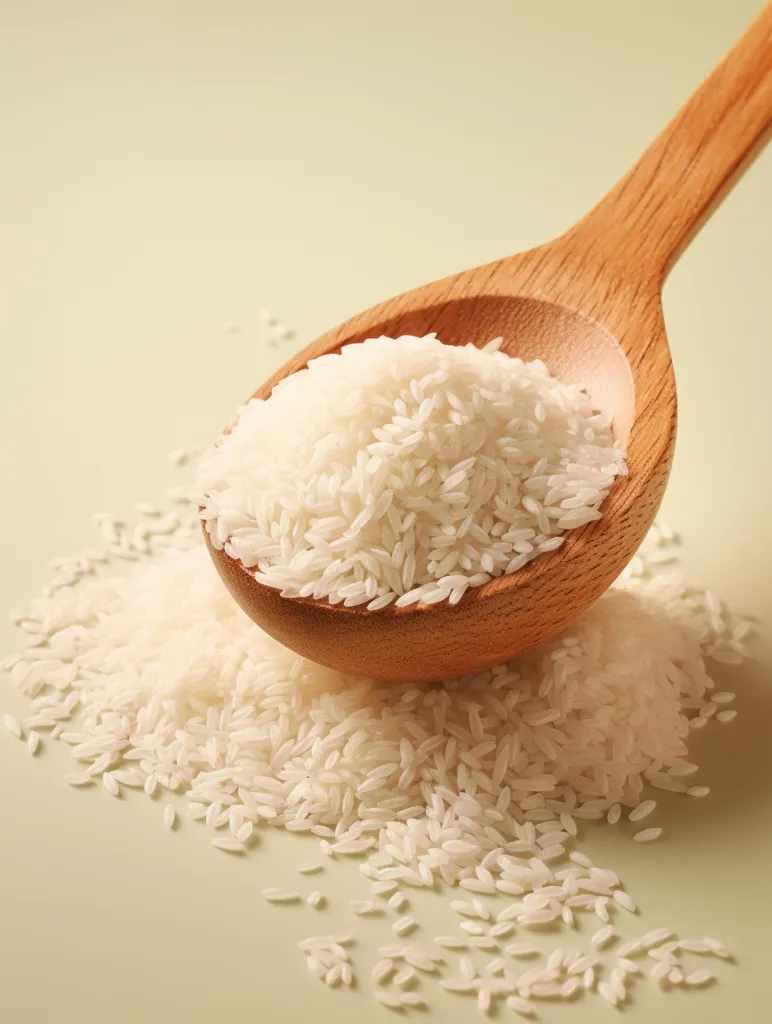 A wooden spoon overflowing with white rice sits on a light green surface.  The spoon is tipped to the side, spilling rice onto the surface, which is covered in a generous scattering of rice grains.  The scene is simple, highlighting the texture and color of the rice.