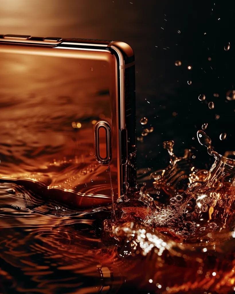 A sleek, golden smartphone is partially submerged in a dark liquid, creating ripples and splashes. The liquid reflects the warm light, highlighting the phone's sleek design and the dynamic movement of the liquid. The image captures a moment of immersion and the interplay of light and texture.
