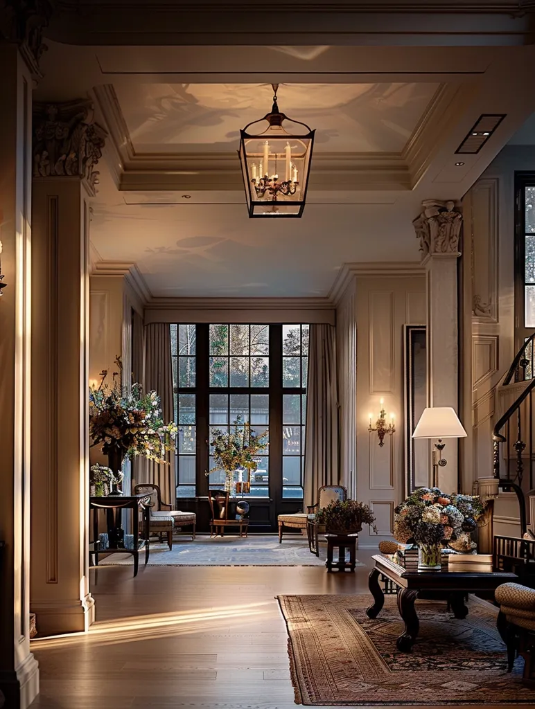 The image shows a grand and opulent foyer with high ceilings and intricate moldings. A large chandelier hangs from the ceiling, illuminating the room. Sunlight streams through a set of French doors, casting warm rays across the polished hardwood floors. Two plush armchairs and a coffee table with a vase of flowers create a welcoming atmosphere. The walls are adorned with decorative moldings and sconces.