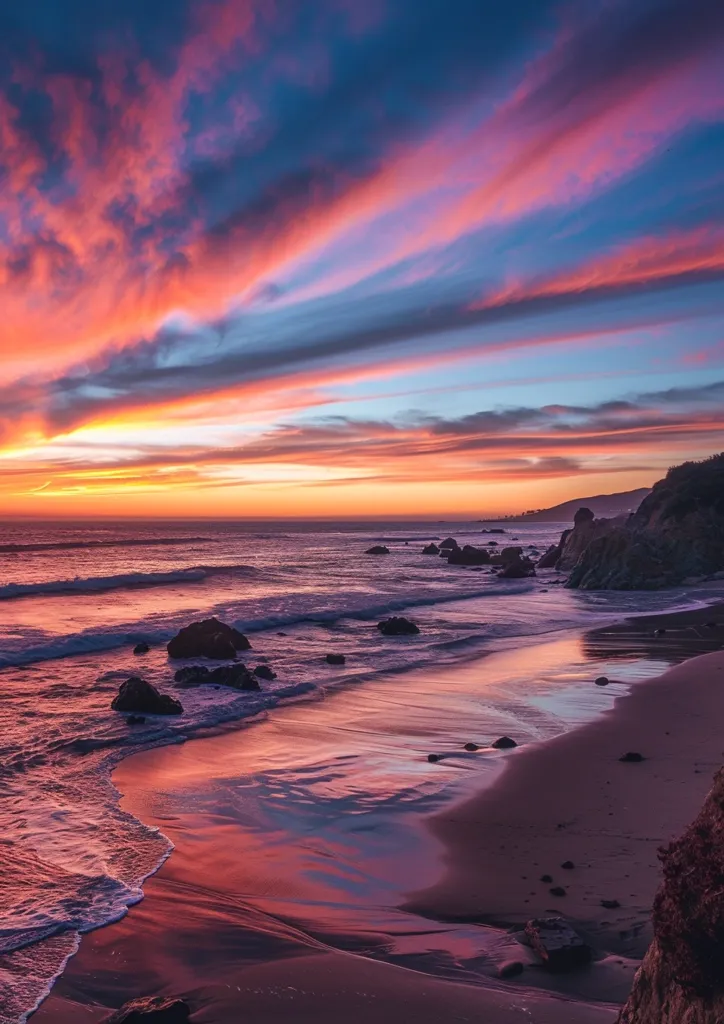 The image shows a stunning sunset over the ocean. The sky is filled with vibrant hues of pink, orange, and purple, creating a breathtaking display of color. The waves gently crash onto the sandy beach, while the rocky coastline adds a rugged charm to the scene. The reflection of the sunset in the water adds an ethereal quality to the image.