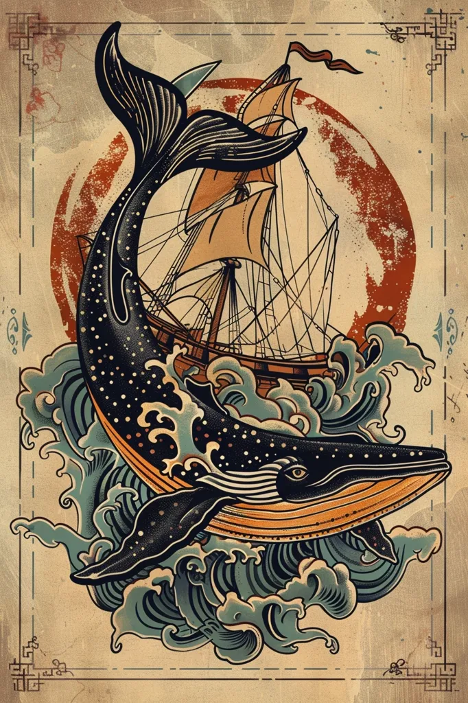 A vintage-style illustration depicts a whale breaching through crashing waves, with a sailing ship on its back. The whale is black and white with orange accents, and the ship is a light brown with beige sails.  The background is a textured parchment with an intricate border. The image evokes a sense of adventure and the vastness of the sea.