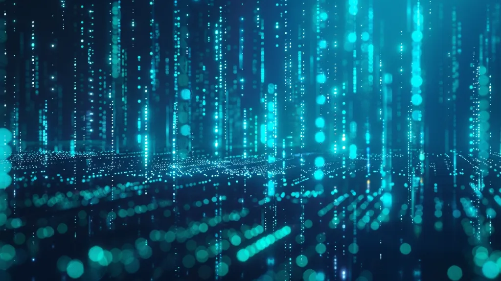 The image depicts a digital landscape with a grid pattern made up of glowing blue dots. The dots are arranged in vertical lines, creating an illusion of depth and height. The background is a dark blue, creating a sense of mystery and intrigue. The image evokes a sense of technology, data, and the digital world.