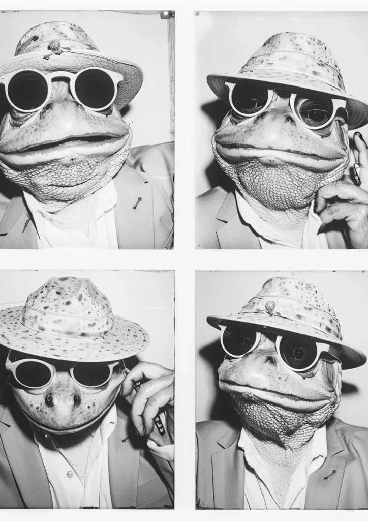 Four black and white photos of a frog wearing sunglasses and a hat. Each photo is a different pose. The frog is wearing a suit in each photo and has a serious expression. The photos are arranged in a grid of two by two. The images are reminiscent of a vintage photo booth or a police mugshot.