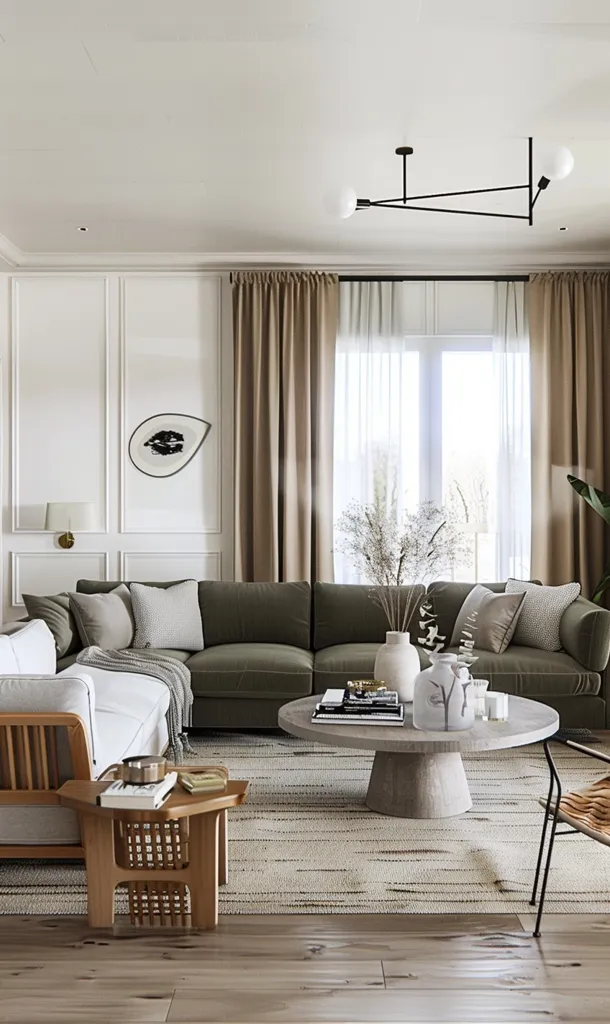 A spacious living room with a large, plush green sectional sofa, facing a large window with sheer curtains. A coffee table sits in the center of the room, topped with a vase of dried flowers and a stack of books. A patterned rug covers the floor, adding warmth and texture. The room is decorated with neutral tones, creating a serene and inviting atmosphere. The natural light streaming in through the window enhances the overall ambiance.