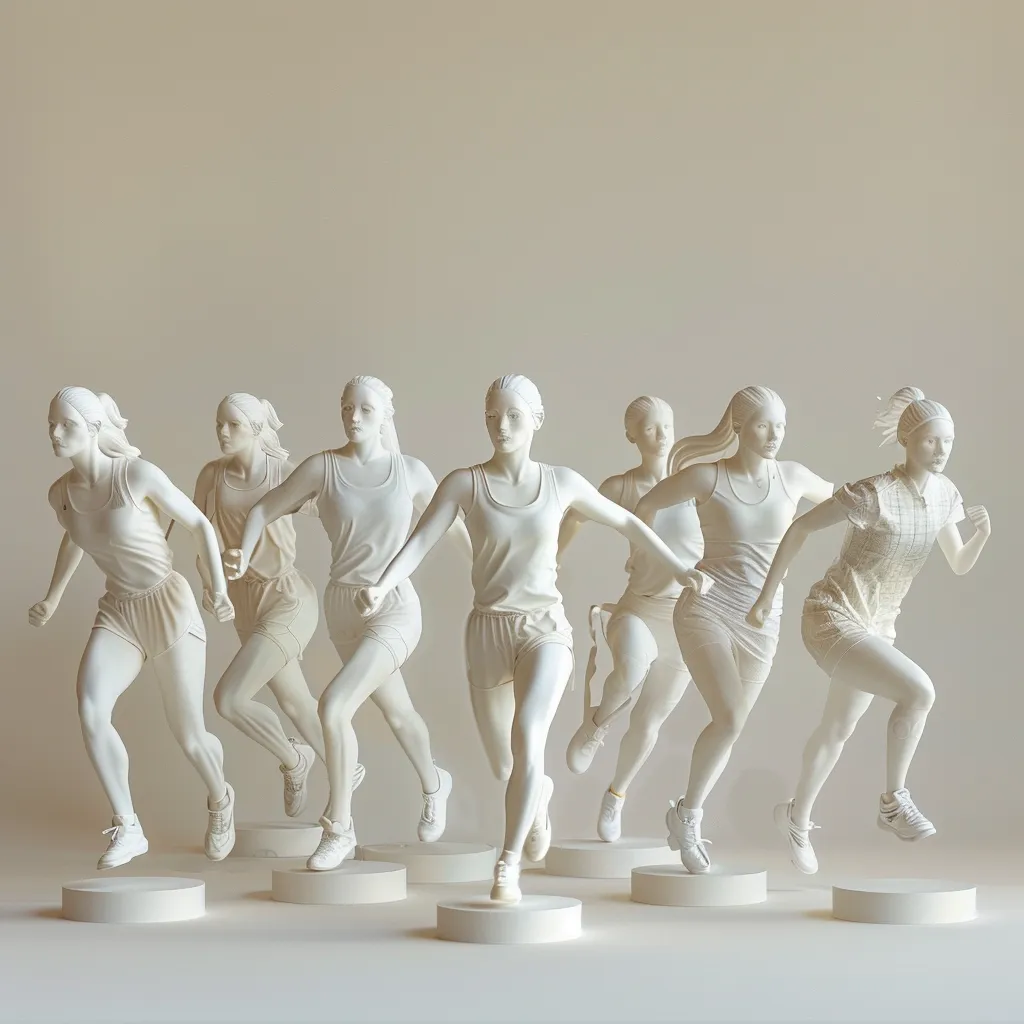 Seven white statues of women in athletic poses stand on pedestals against a light beige background. The figures are all in various stages of a running motion, with their arms extended and their legs in mid-stride. The statues are stylized and minimalist, with smooth surfaces and simple details. The image conveys a sense of movement and energy, as well as a sense of strength and determination.