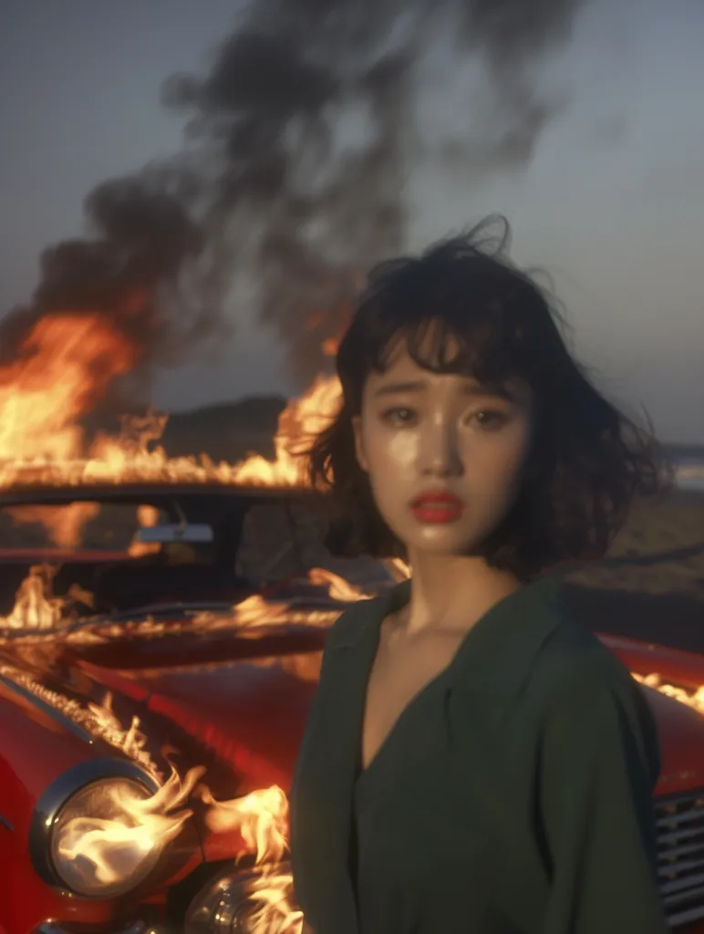 A young woman with dark hair and a green dress stands in front of a vintage red car engulfed in flames. The fire casts a warm glow on her face, and smoke billows in the air behind her. The scene evokes a sense of danger and mystery, with the woman's stoic expression adding to the intrigue.