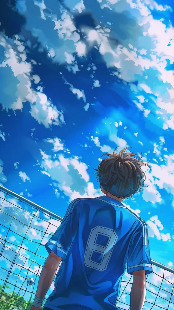 A young man in a blue soccer jersey with the number 8 on the back stands facing a soccer goal. He has his back to the viewer and is looking up at the bright blue sky filled with fluffy white clouds. The scene is bright and cheerful, with a sense of hope and possibility.  The image is rendered in an anime style, giving it a vibrant and energetic feel.
