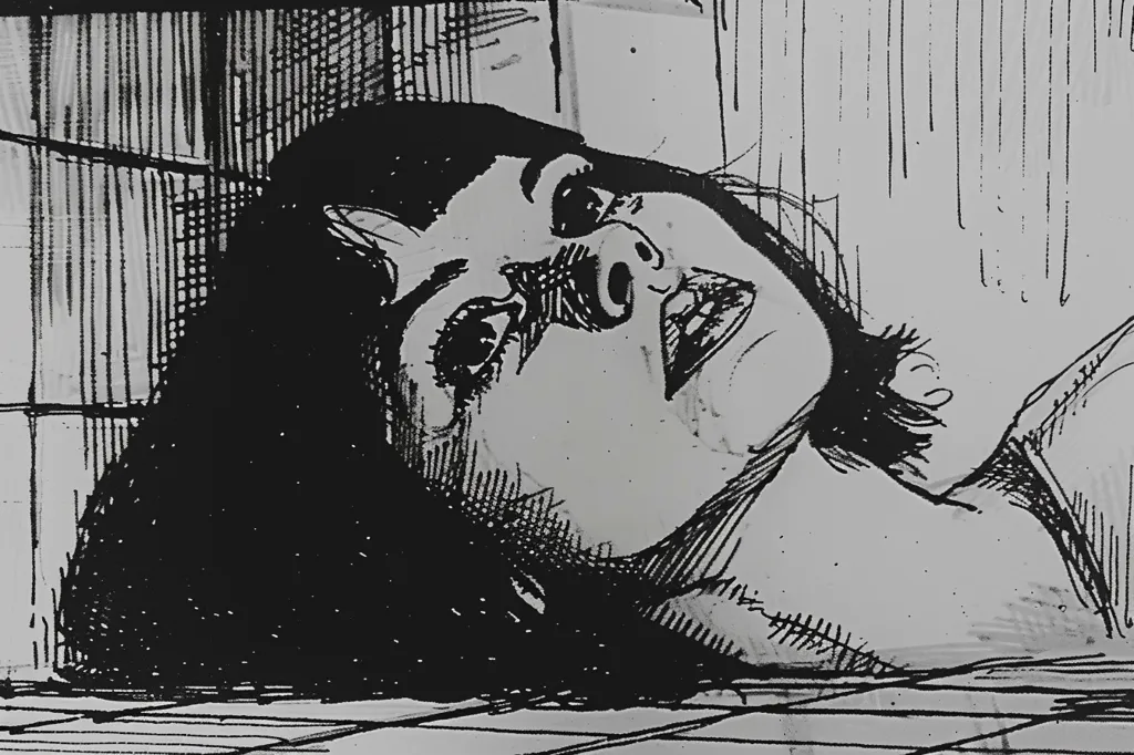 The image is a black and white sketch of a woman's face. She is looking upwards with her mouth open and her eyes wide. Her hair is long and dark and falls around her face. The lines of the sketch are bold and expressive, giving the image a dramatic feel. The background is a simple grid pattern. The image captures a moment of intense emotion.