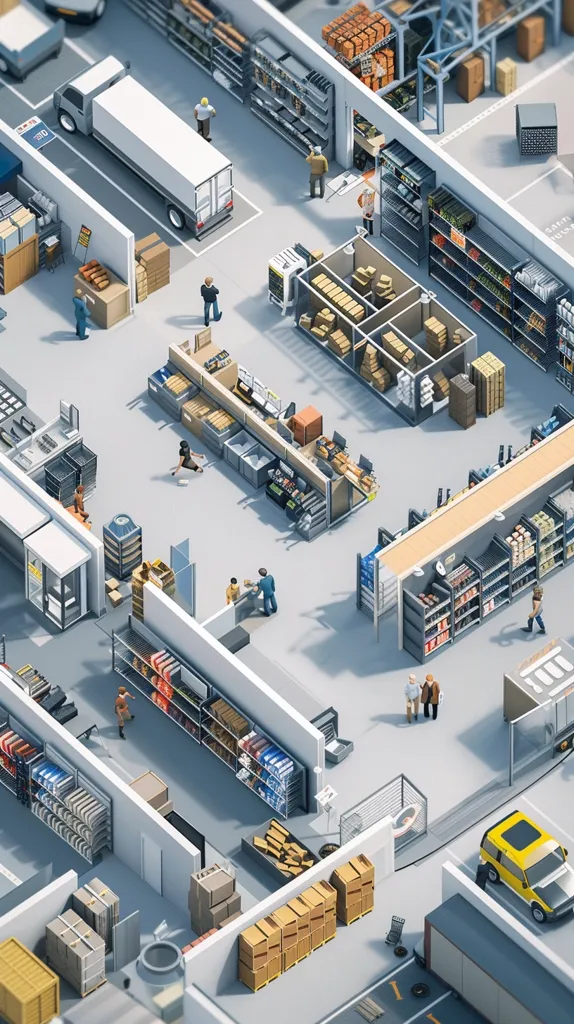 The image shows a large warehouse or distribution center, seen from a high angle. The warehouse is filled with rows of shelves stocked with various goods, and there are several people walking around. A large delivery truck is parked outside, and a smaller yellow van is parked near a loading dock. The image suggests that the warehouse is a busy and active place.