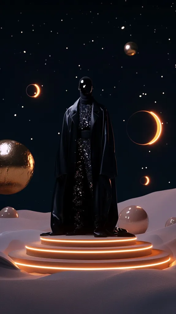 A figure in a black coat and sequined dress stands on a circular platform with glowing edges. The figure has a black mask covering its face and is framed against a dark night sky filled with stars and glowing orbs. The scene is both ethereal and mysterious, evoking a sense of otherworldliness.