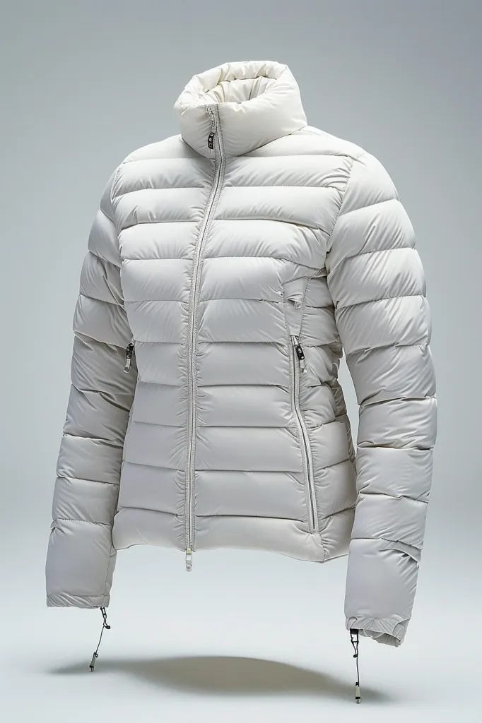 The image shows a light grey puffer jacket with a stand-up collar, a zipper closure, and two zippered pockets. The jacket is designed with horizontal quilting, giving it a puffy and warm appearance. The sleeves are long and end with a drawstring closure. The jacket is photographed against a plain white background, highlighting its details and minimalist design.