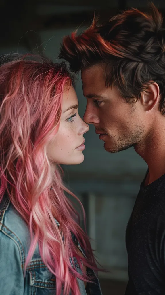 A young couple stands close together, their foreheads nearly touching. The woman has long, pink hair and is wearing a denim jacket. The man has dark hair with a hint of red and is wearing a black shirt. They are looking at each other with a mix of love and longing in their eyes. The image is full of intimacy and unspoken emotion.