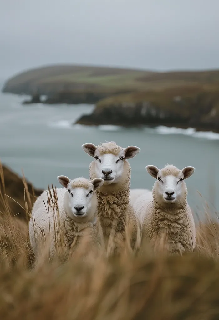 Three fluffy white sheep stand in a field of tall grass, gazing directly at the camera. The sheep are positioned close together, suggesting a bond of companionship. The backdrop features a blurred view of a coastal landscape with water and rocky cliffs. The overcast sky adds a sense of tranquility to the scene.
