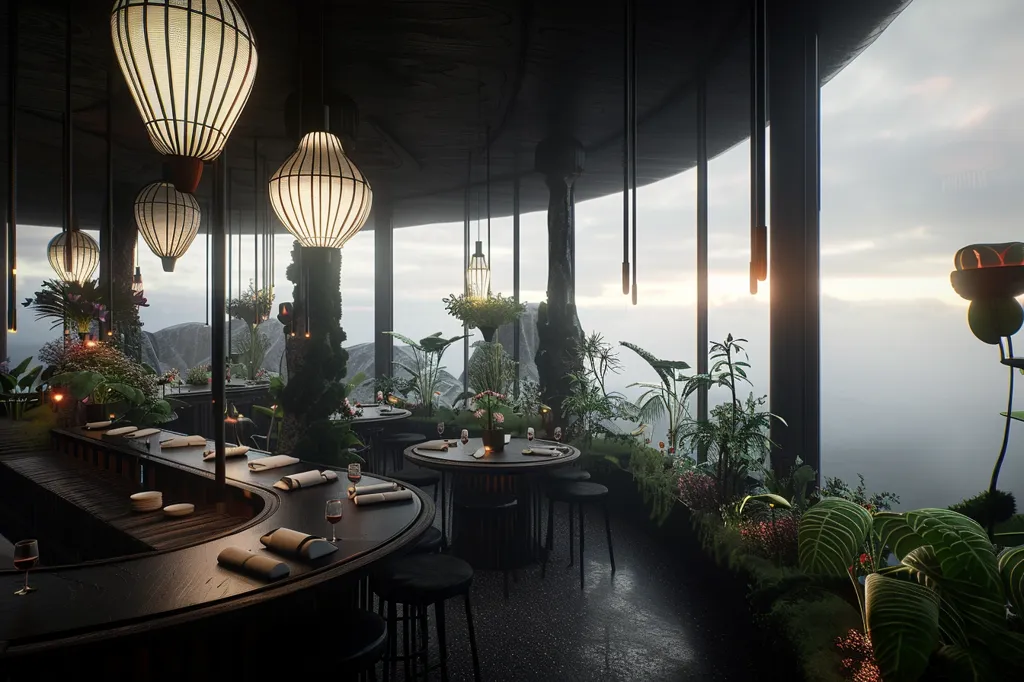 The image shows a modern restaurant with a stunning view. The restaurant has a curved bar with black stools and a round table in the center. The bar is surrounded by large windows that offer panoramic views of a foggy landscape with lush greenery. The ceiling is high with hanging lamps in a modern style. The restaurant has a minimalist design with a dark color palette, creating a sophisticated and relaxing ambiance.  The sunlight streaming through the windows adds warmth and brightness to the space.