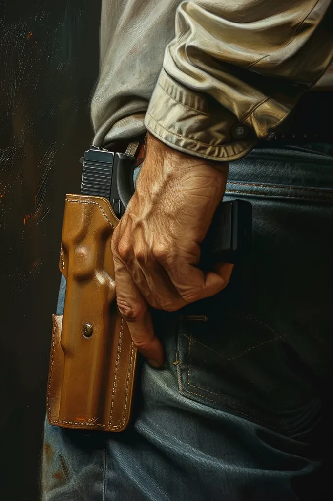 A man, dressed in a light brown shirt and blue jeans, is seen from the waist down. His hand is reaching into his right back pocket, where a brown leather holster with a black handgun inside is visible. The image is close-up and focuses on the details of the man's clothing and the gun. The lighting is low and creates a dramatic effect.  The image evokes a sense of mystery and danger.