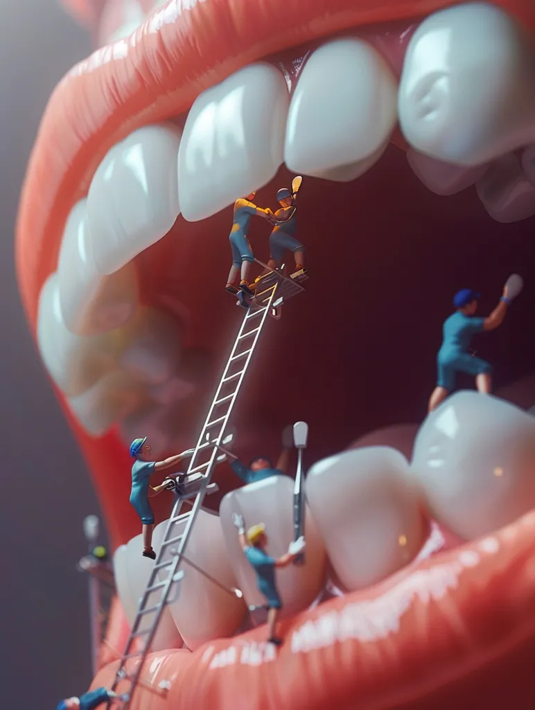 A giant, open mouth with large white teeth is the backdrop for miniature people working on the teeth. One person is on a ladder, another is cleaning a tooth, and a third is using a tool to work on the gum line. The image is a playful, surreal representation of dental care.