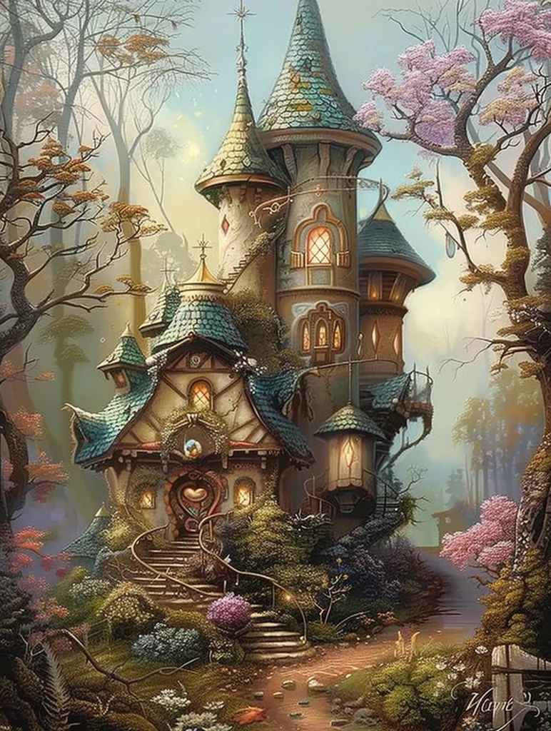 A whimsical fairytale cottage nestled in a lush forest, with winding stairs leading to its entrance. The cottage features a tall, pointed tower and intricate details, suggesting a magical dwelling. The surrounding trees are adorned with blooming flowers, creating a dreamy and enchanted atmosphere. The soft light filtering through the leaves casts an ethereal glow on the scene.
