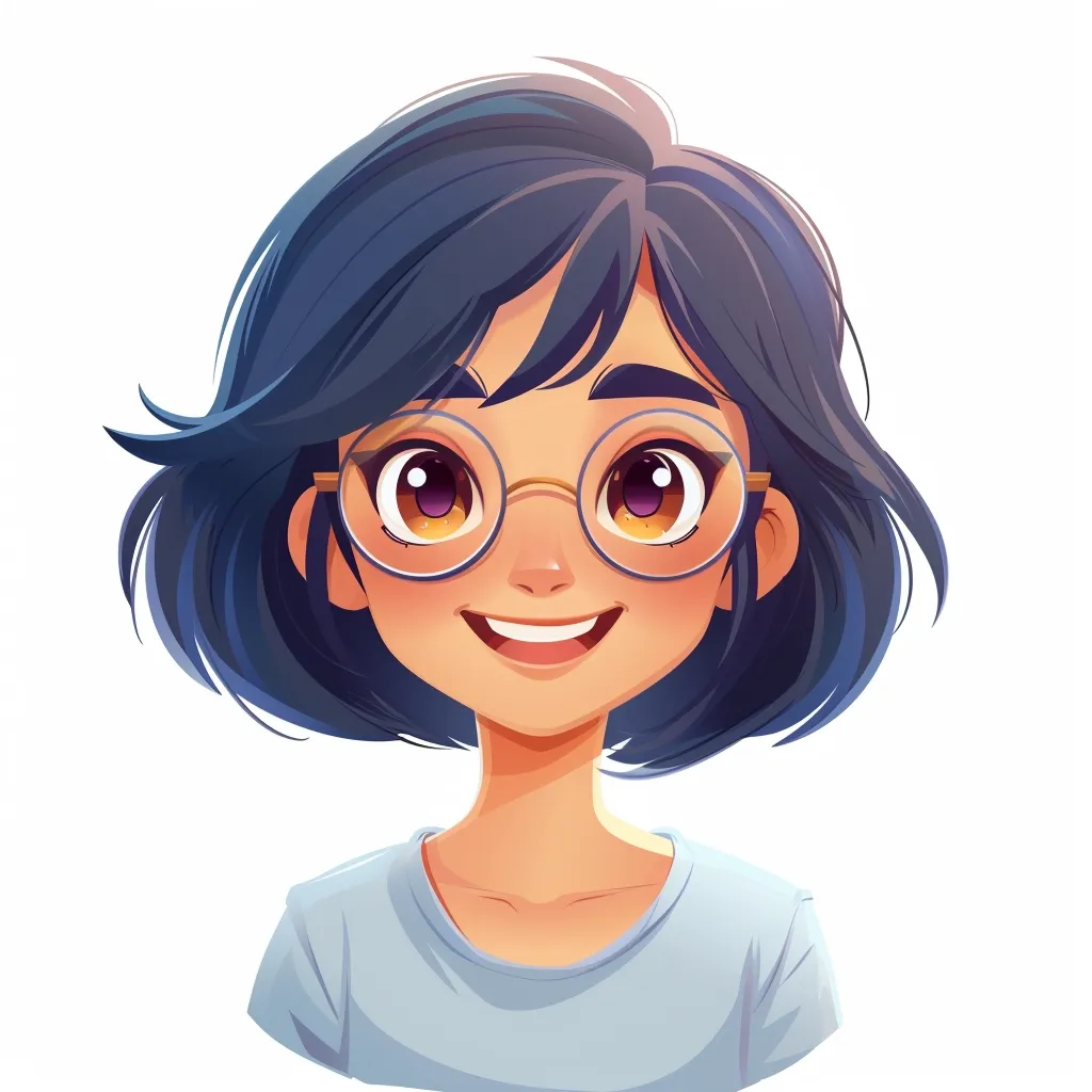 The image depicts a young woman with short, dark blue hair. She is wearing round, gold-rimmed glasses and has a warm, friendly smile. She is looking slightly to the left of the viewer. Her skin tone is a light brown. She is wearing a light blue t-shirt. The background is a simple white. The overall style of the image is cartoonish and whimsical.