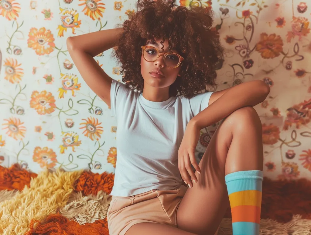 full body shot mockup on blank white crewneck T-shirt worn by beautiful african american trendy gen Z tik tok girl, retro 70s Polaroid filter, sitting on floor in of 70s style apartment with shaggy carpet and funky wallpaper, shorts, colorful knee high socks, --ar 4:3 --v 6.0